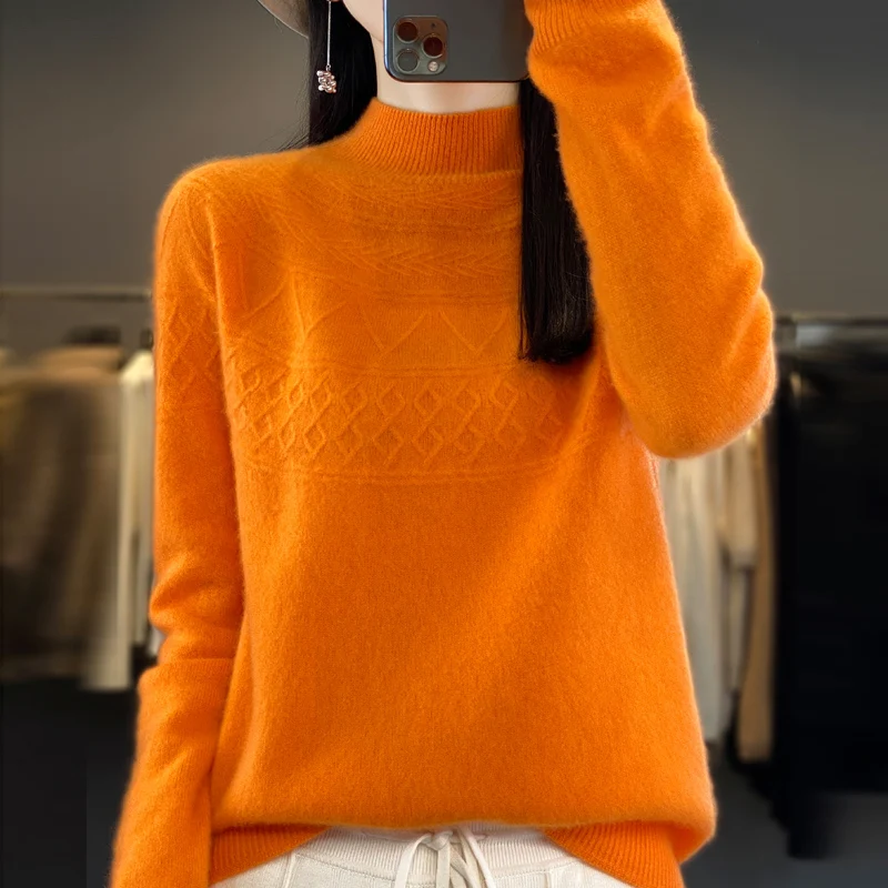 

Seamless Readymade Garment Pure Woolen Sweater Women's Half High Neck Pullover Jacquard Sweater Bottom Autumn/Winter Loose Knits