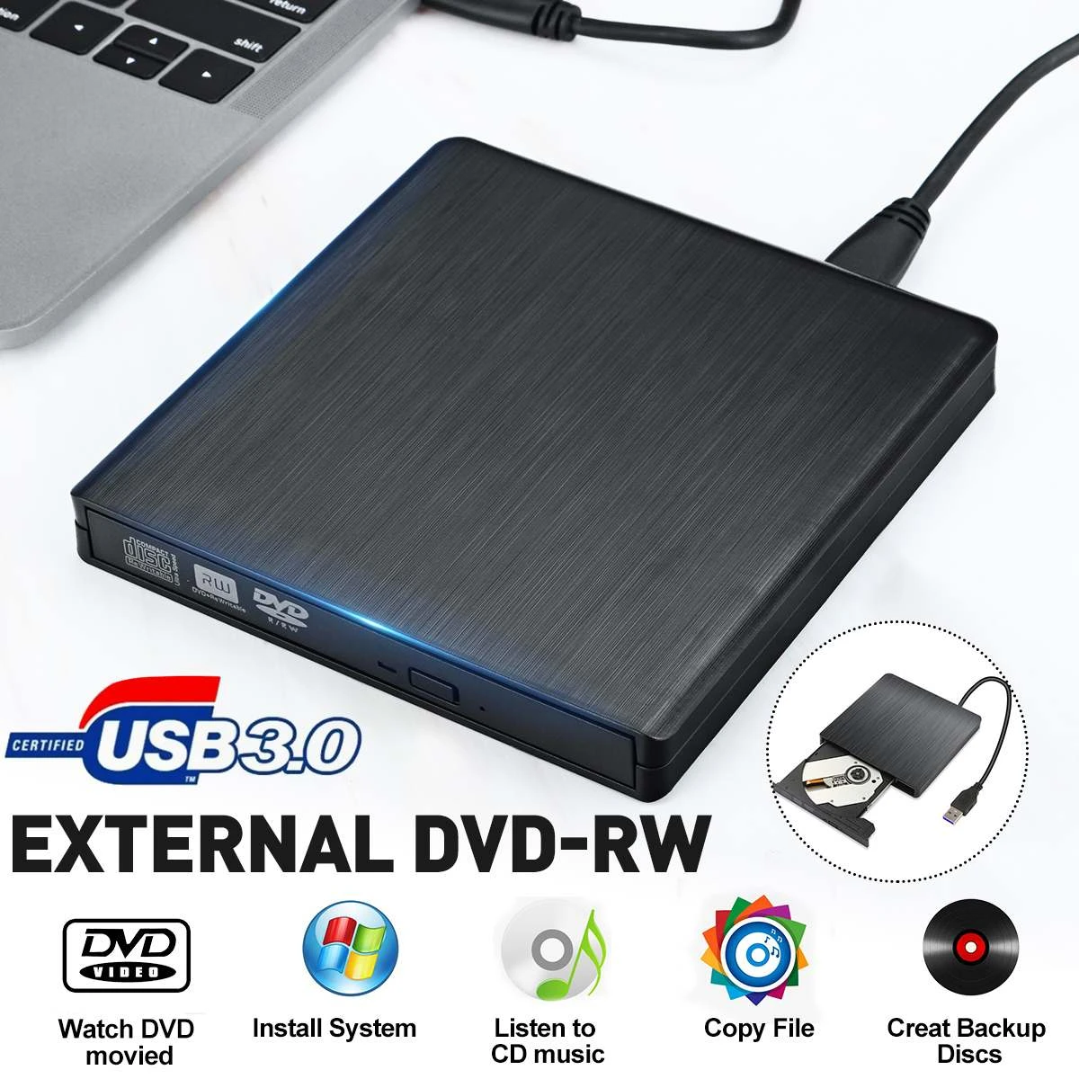 Gtwoilt External USB 3.0 Slim External DVD RW CD Writer Drive Burner