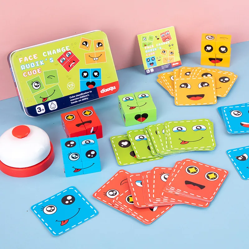 Face changing expression, building blocks, iron boxes, children's battle toys, parent-child board games, wooden challenge level 2