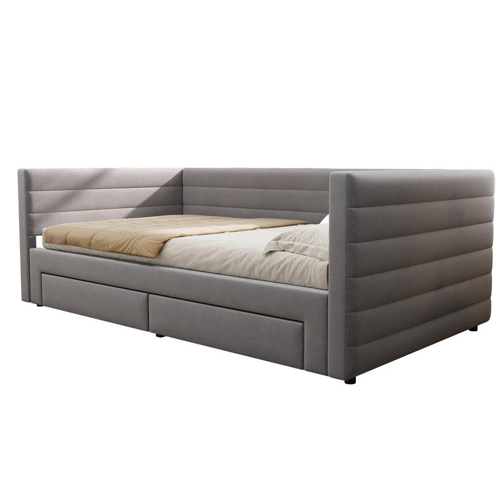 90x190cm Polsterbett, 3-in-1 Ausziehbares Schlafsofa, Multifunktionsbett, mit Schubladen und Gitter, Baumwolle und Leinen, ohne Matratze – Detail 27
