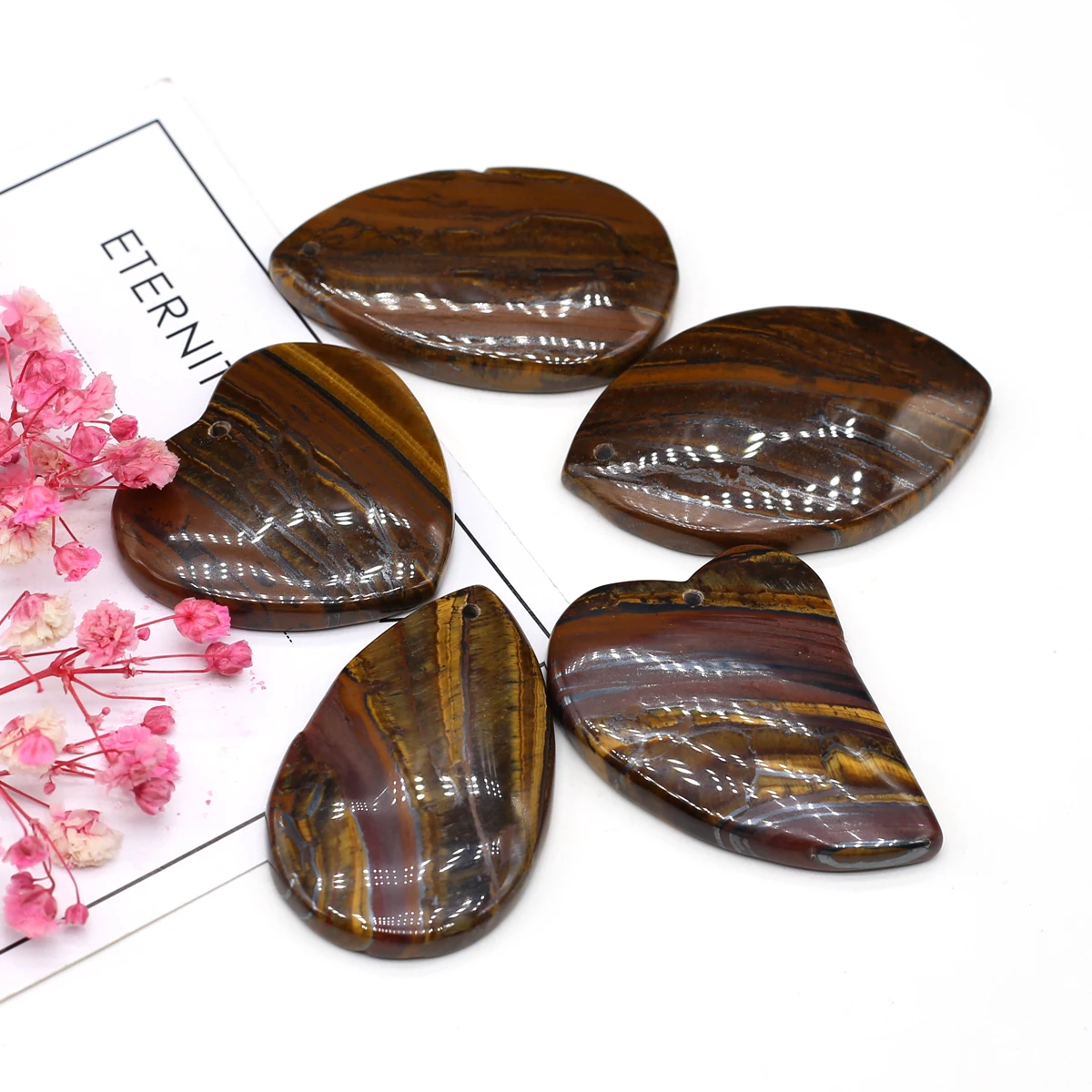 5pcs/lot Natural Tiger Eye Stone Bead Set Heart Water Drop Shape Loose Beads for Making DIY Jewerly Necklace Earrings Decor