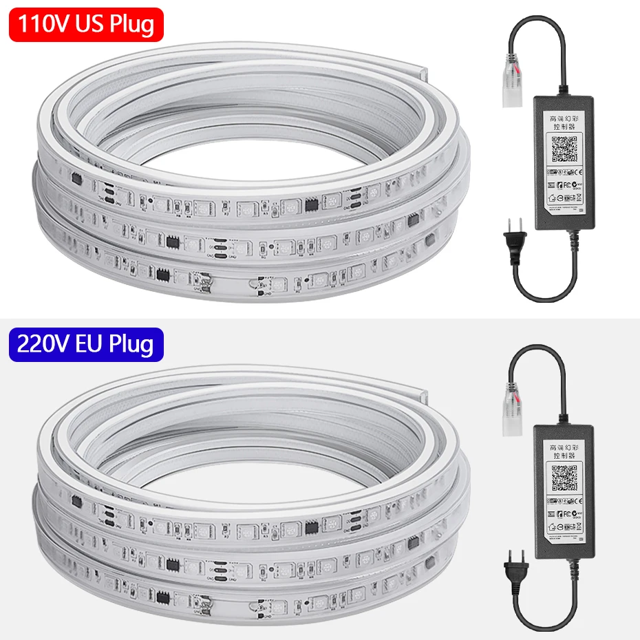 1-50M RGBIC Led Strip Light 110V 220V 60Leds/m Smart Bluetooth Remote Control Waterproof IP67 Dream Color Flex Tape Strip Lamp
