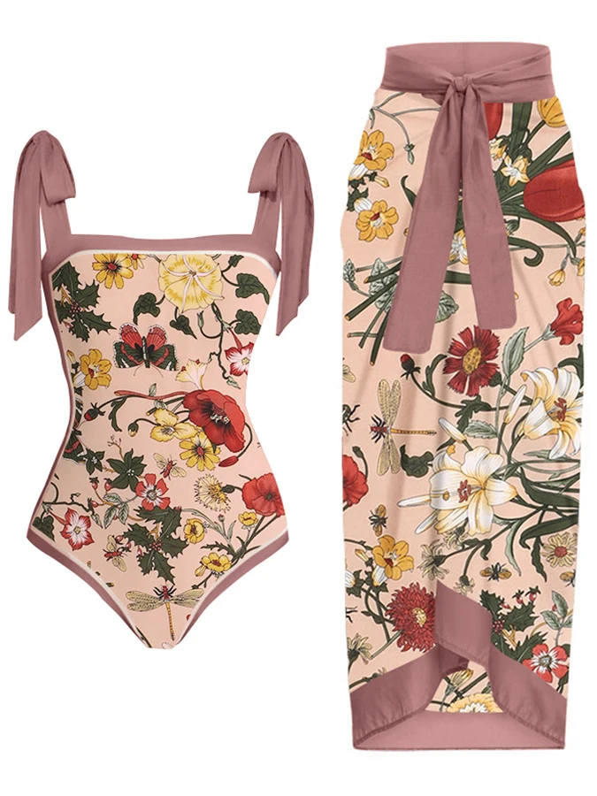 

2023 Women's Summer New Dried Rose Color Floral Print All-in-one Lace-up Design Stylish Vintage Leisurely swimsuit and Cover Up