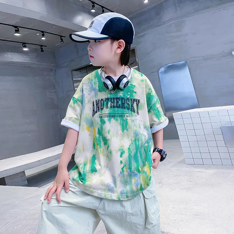 

Boys' Summer Fashion Brand Tie-Dyed Loose Short SleeveTT-shirt2024New Children's Boys' Summer Fried Street Half Sleeve Top