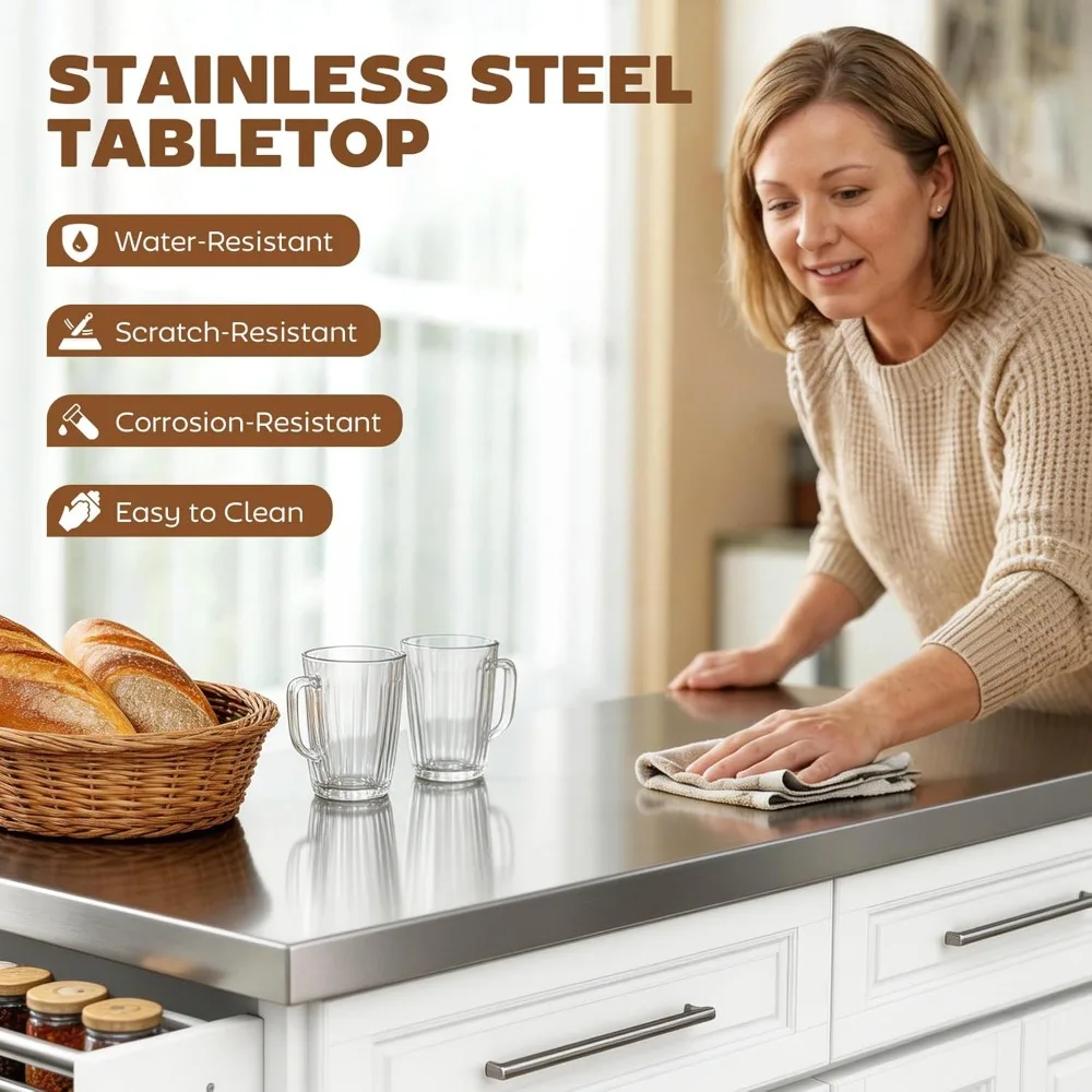 Rolling Kitchen Island Cart with 47" Stainless Steel Top, Portable Island Table for Kitchen with Wheels, Adjustable, Customized 3