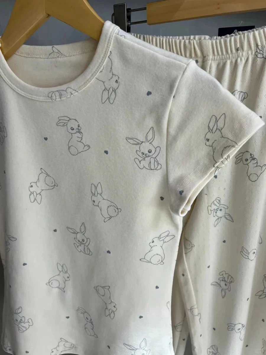 Sweet Rabbit Print T-shirt Pant Sets Women Summer O-neck Slim Tee Eyelet Straight Long Pants Casual Soft Cotton Home Pajama Set 4