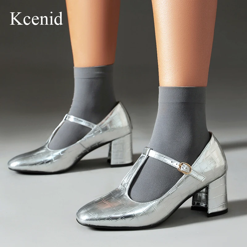 

Kcenid Fashion Classic Retro Mary Jane Summer Women Patent Leather Round Head T-tied Pumps Women Thick Heels Plus Size 36-48