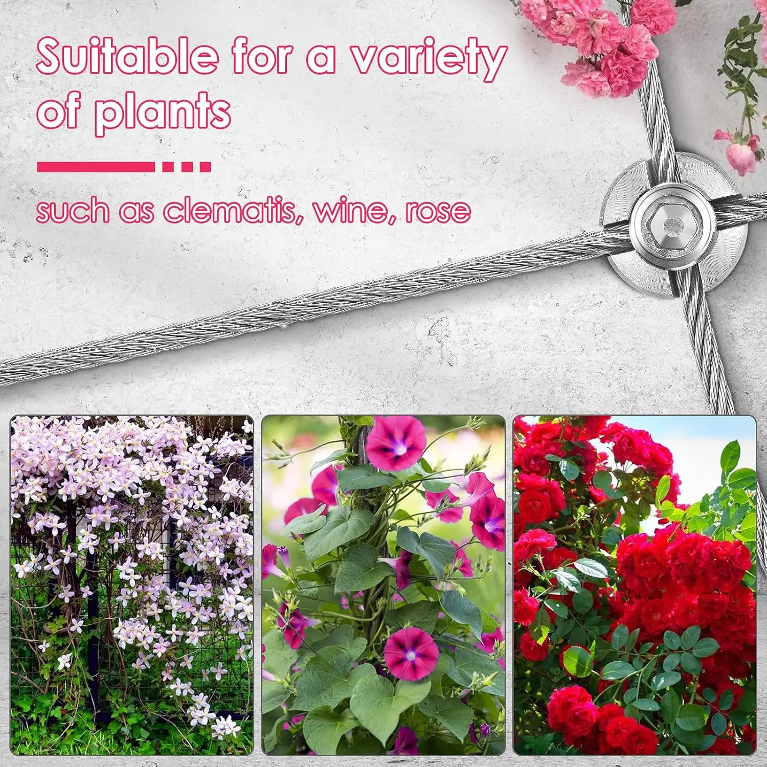 Climbing plant frame support grid climbing plants, 16 meter stainless steel rope, grid fixing kit, garden line home