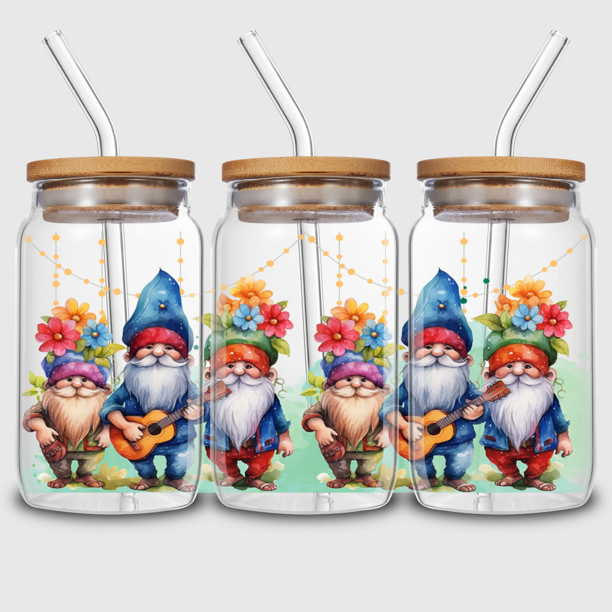 5 Sheets Gnome UV DTF Cup Stickers for Glass DTF Transfer Stickers, Waterproof Friction Transfer for 16 oz Glass, Mugs, Crafts