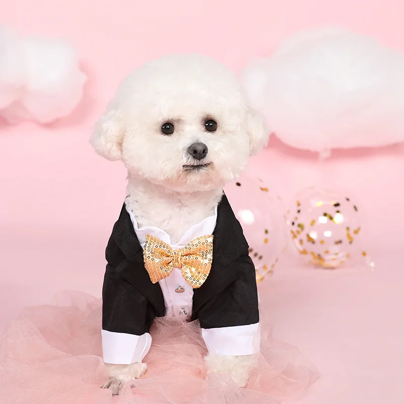 

Gentleman Dog Western-style Clothes Wedding Suit Formal Shirt For Small Dogs Gold Sequins Tuxedo PartyPuppy Costume For Cats