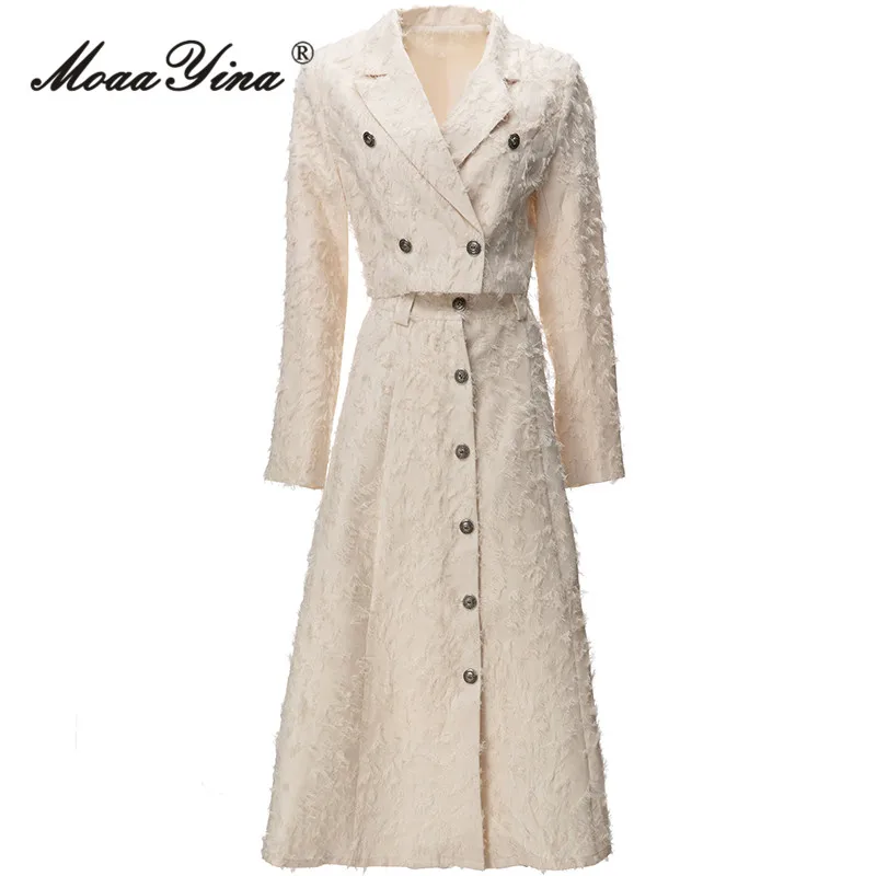 

MoaaYina, зимний модный дизайнерский бежевый винтажный комплект с юбкой, женское приталенное короткое пальто на пуговицах с лацканами + длинная юбка с карманами, комплект из 2 предметов