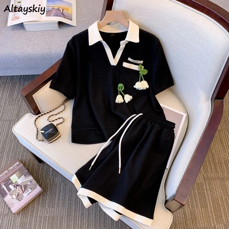 

L-4XL Sets Women Summer Tops Pockets 3D Floral Patchwork Baggy Shorts Drawstring Simple All-match Popular Students Ulzzang Ins