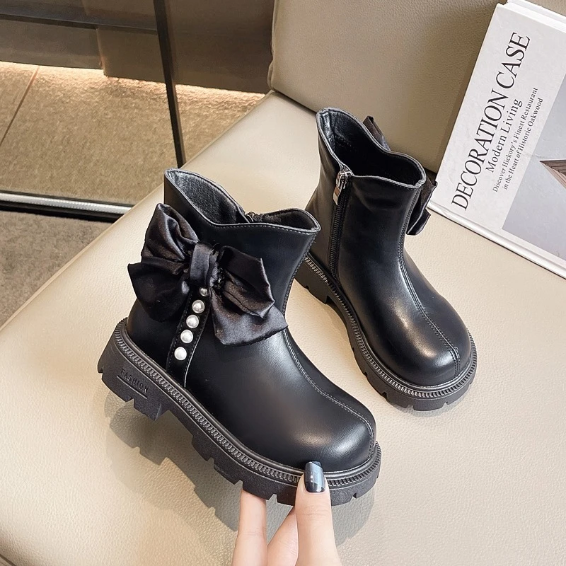 Fashion Kids Cotton Boots Winter New Girls Causal Boots for Princess Sweet Bowknot Wedding Party Children's Platform Ankle Boots