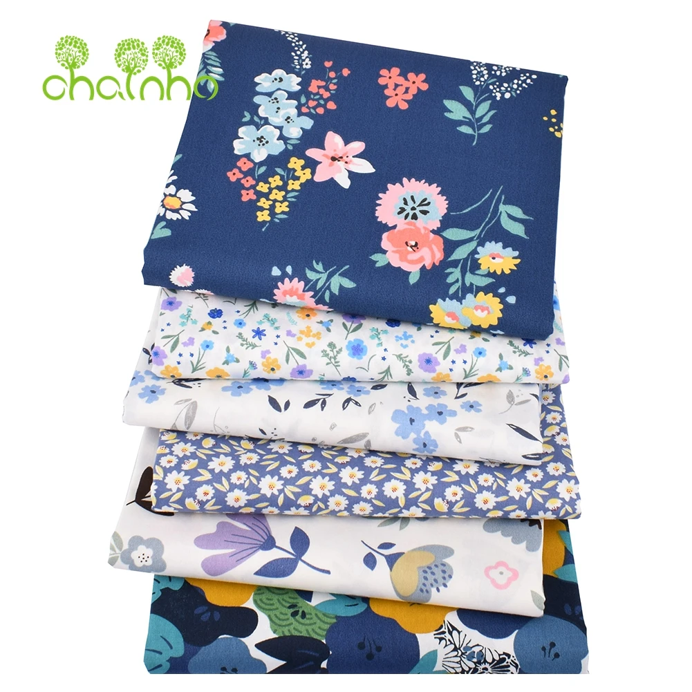 Chainho,Printed Twill Weave Cotton Fabric,DIY Sewing Quilting Material,Patchwork Cloth,Blue Floral Series,2 Specification,15C196