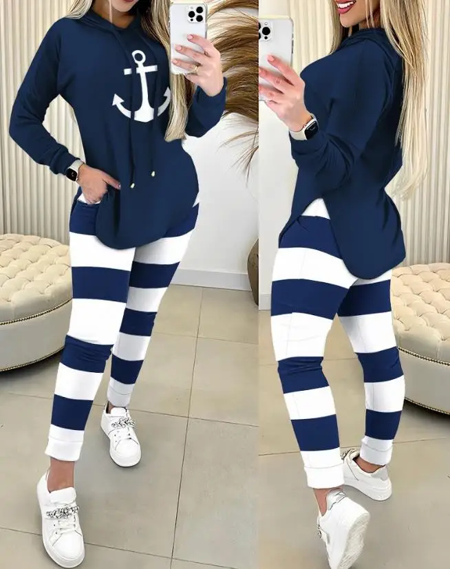 Women Two Piece Set 2024 Early Spring Latest Anchor Print Hoodie Drawstring Long Sleevetop&pocket Slit Striped Daily Pants Set