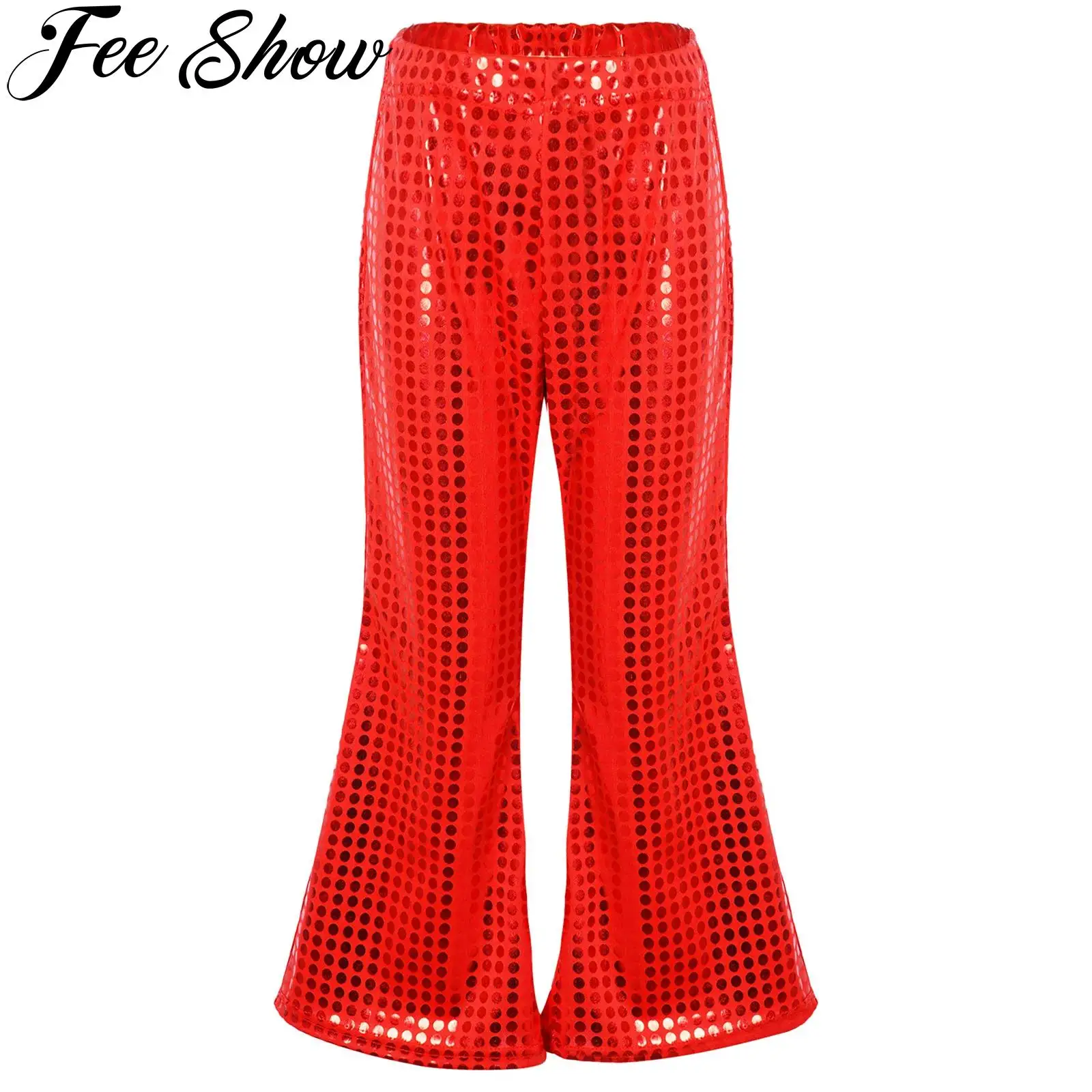 

Kids Flared Pants Boys Girls Shiny Sequins Elastic Waist Bell Bottom Trousers for Jazz Disco Modern Dance Stage Performance Wear