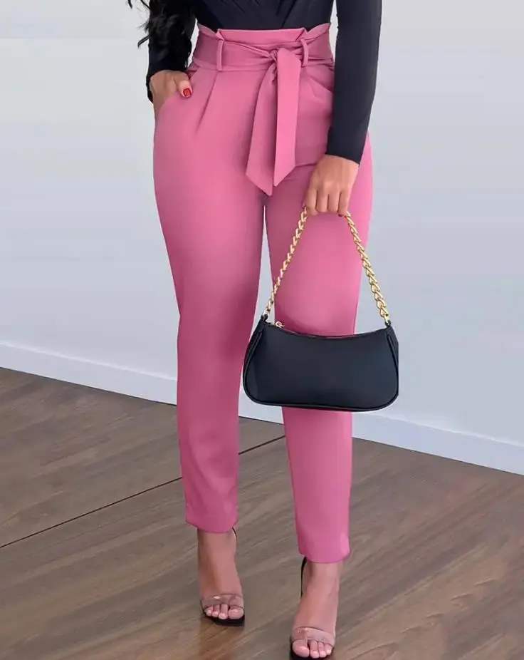 Women's Solid Color Work Skinny Pants 2024 Spring High Waist Tied Detail Casual Long Pants Versatile Daily Commuting Pants