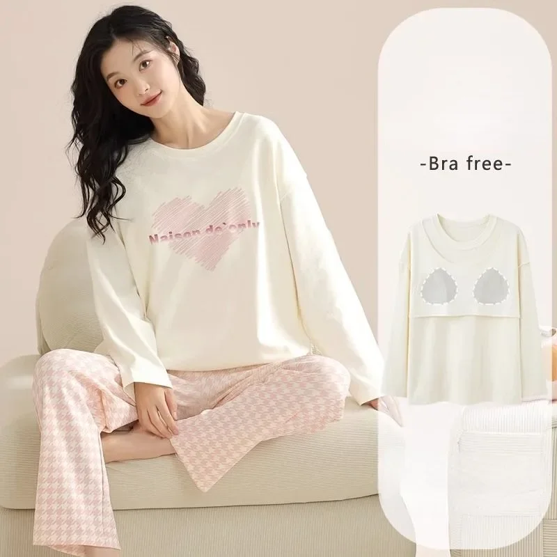 2024 New 100% Cotton Pajamas Chest Pads Women's Sleepwear Spring Autumn Long Sleeve Homewear Pullover Winter Loungewear Sets