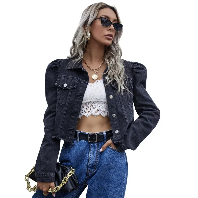 Women's Fashion Palace Style Lapel Single-breasted Denim Casual Short Jacket 2021 Autumn and Winter Long-sleeved Denim Jacket