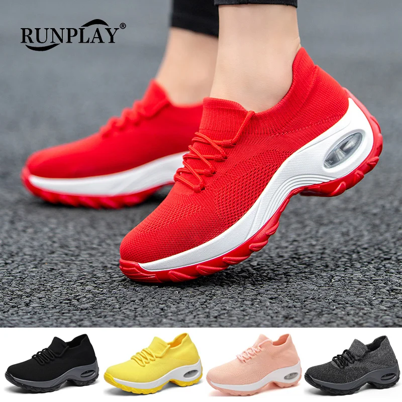 Women Tennis Shoes Air Cushion Sports Shoes High Heels Mesh Lace-up Female Sock Footwear Outdoor Thick Bottom Sneakers