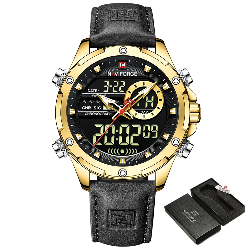 NAVIFORCE New Watches for Men Fashion Sport Chronograph Gold Watch Mens Leather Waterproof Quartz Big Clock Digital Male Watch 