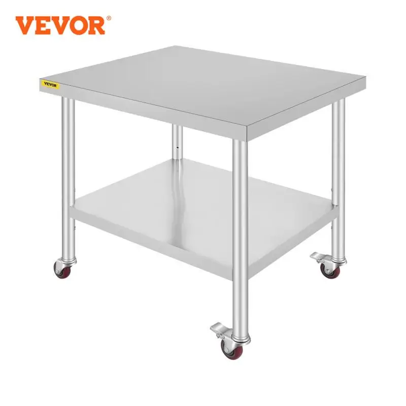 Kitchen Storage Cart VEVOR Stainless Steel Kitchen Prep Table With 4 Caster Wheels Backsplash Loads 100KG-300KG Home Storage Rack