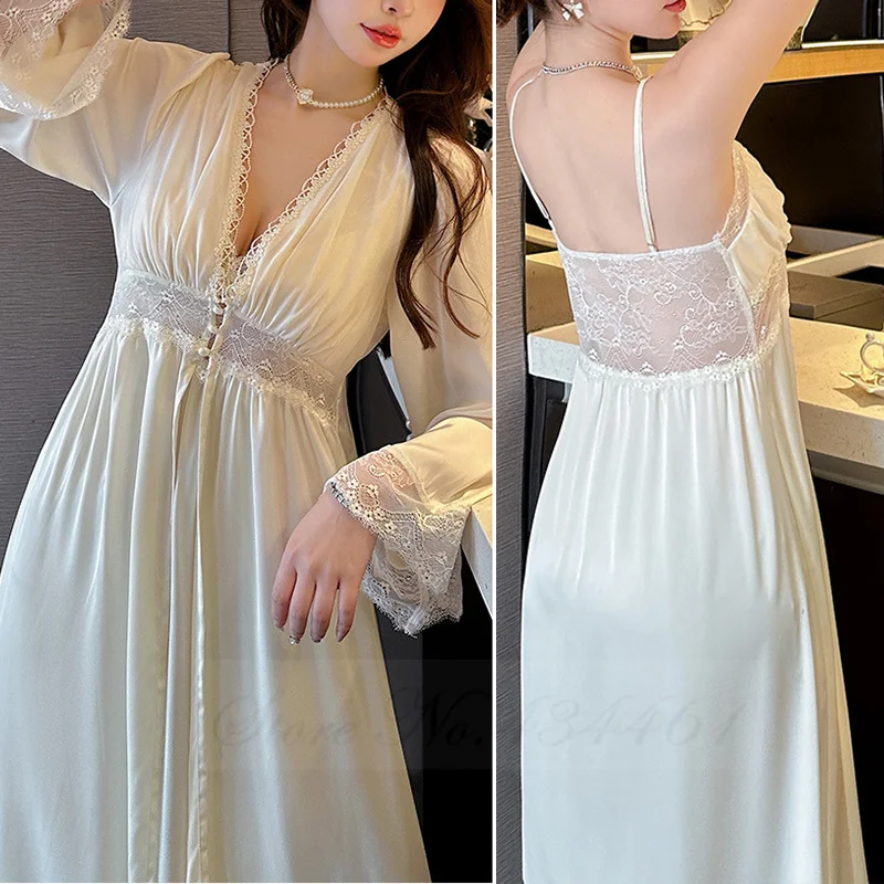 Female Sexy Lace Long Nighty&Robe Set Nightgown Spring Autumn Sleepwear Suspender Nightdress Intimate Lingerie Satin Homewear