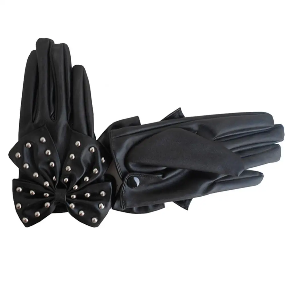 

Модные мотоциклетные женские перчатки с заклепками и большим бантом, однотонные перчатки из искусственной кожи для улицы, прочные варежки с закрытыми пальцами