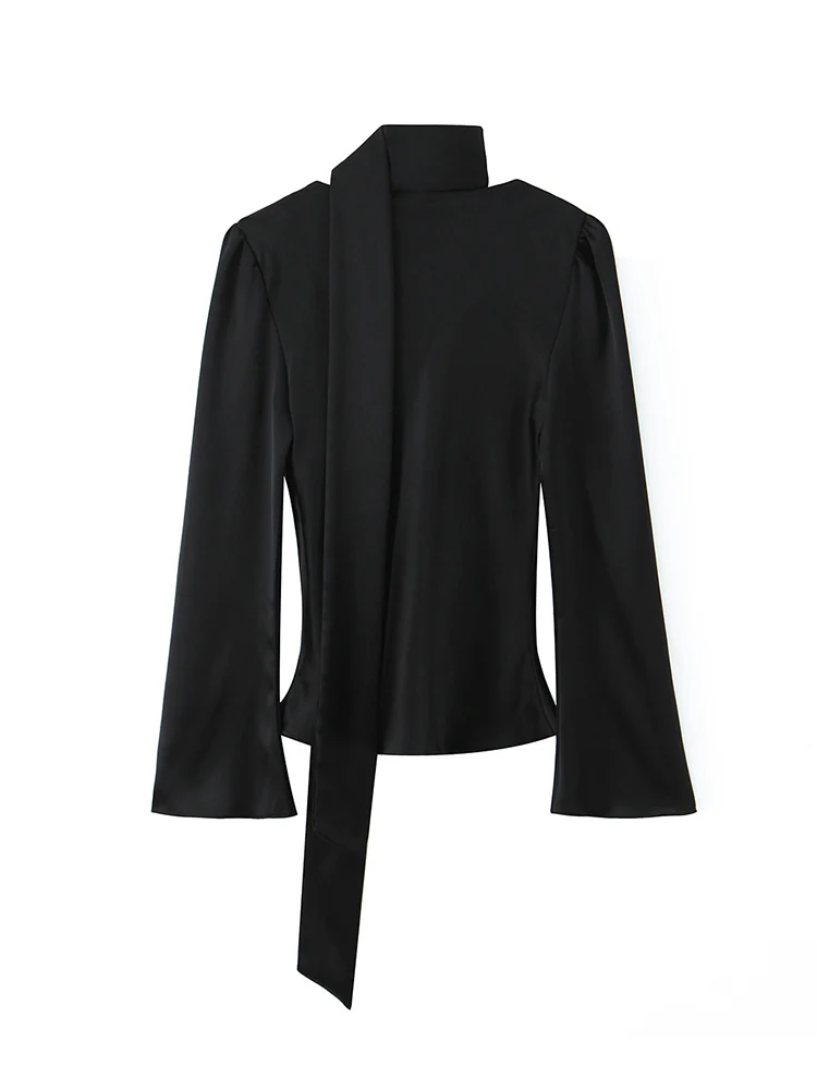 Spring New Women V-neck Shirt Elegant Flare Long-sleeved Shirt Fashion Casual Office Lady Scarf Fashion Shirt Women Clothing