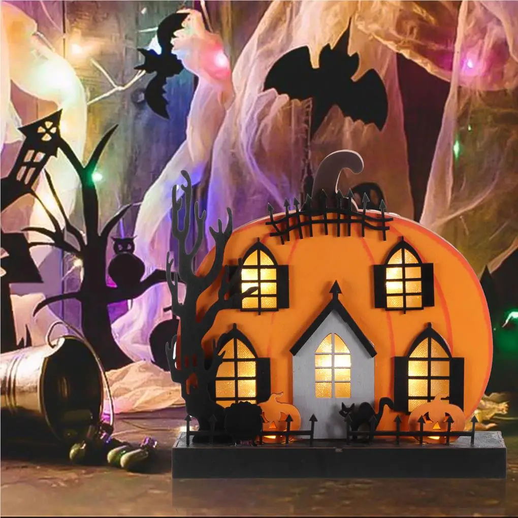 

Halloween Tabletop Figurine Indoor Bar Arrangement Pumpkin House Sign Multipurpose LED Wood Statue Party Kitchen Gift