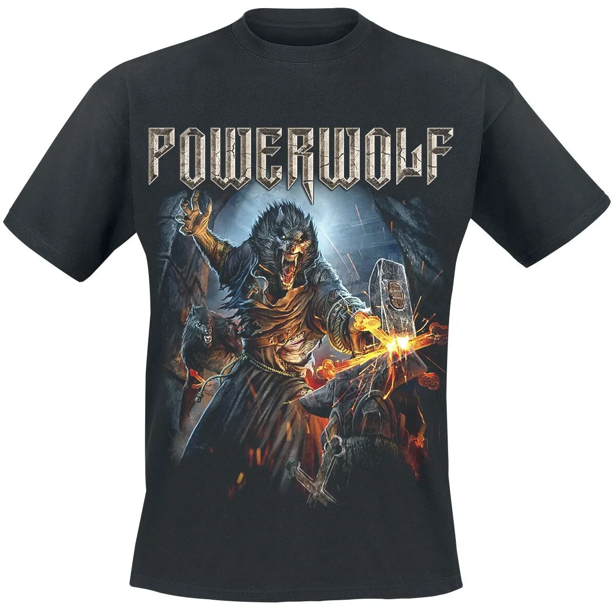Powerwolf Incense and Iron Unisex-Baumwoll-T-Shirt, Dark Werewolf Blacksmith Print, Heavy Metal Rock Band Merch Casual Tee