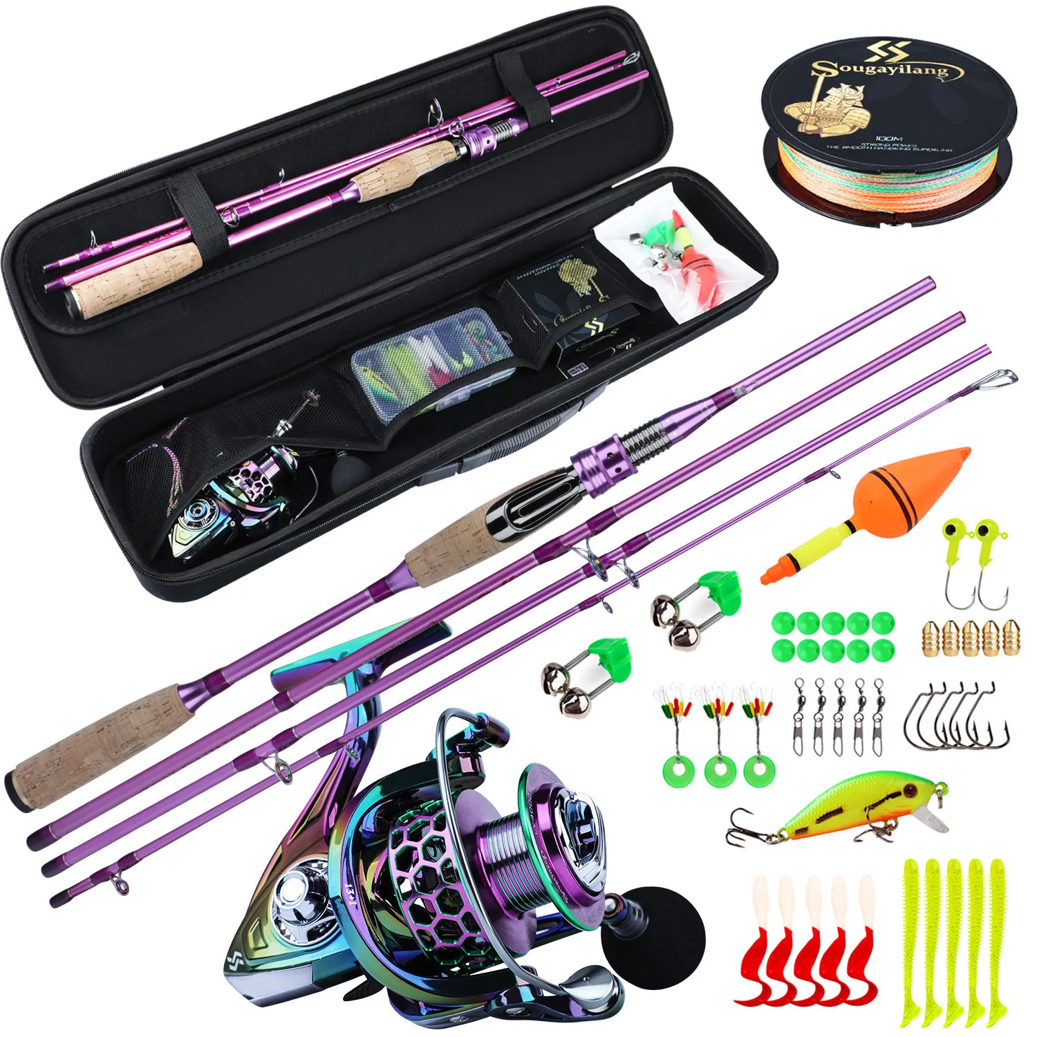 Sougayilang 2.1m Fishing Rod Combo Spinning Reel Fishing Set Travel Stick Carp Bass Pike Fishing Line Lure Bag Hooks Full Set