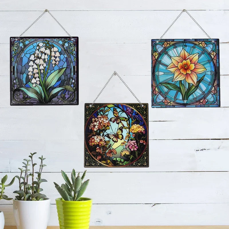 

Retro Style Window Decoration Christmas Decoration Wall Decor Office Room Decor Blooming Flower Round Acrylic Painted Plaque