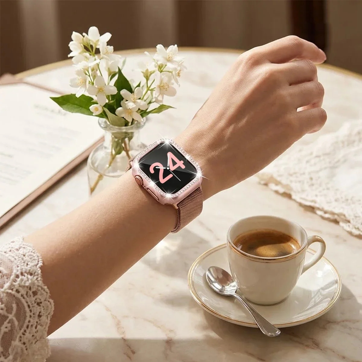 Luxury Bling Diamond PC Watch Case with Tempered Glass Screen Protector Bumper