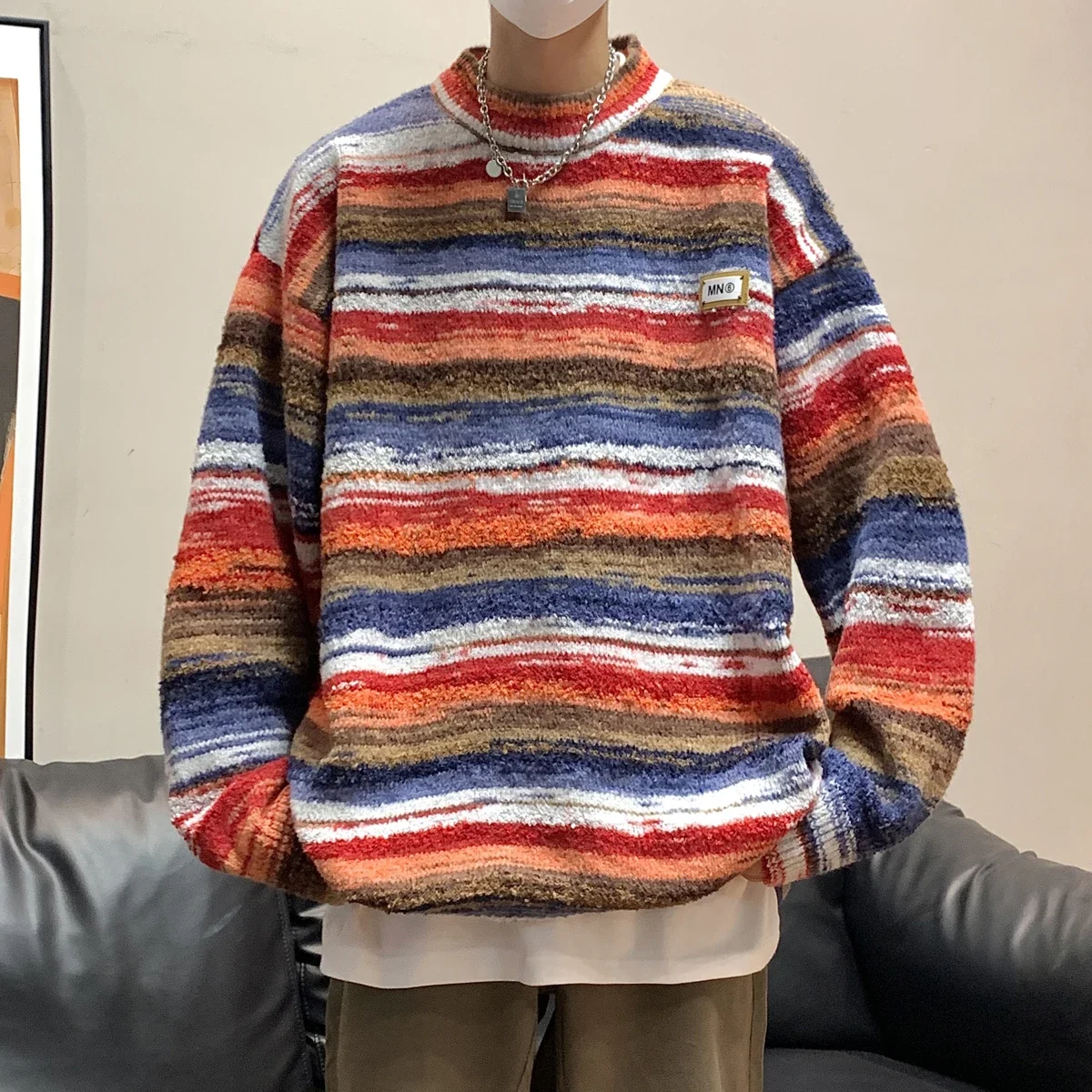 Men's Colors Striped Sweater Oversize Knitted Long Sleeve Pullovers Autumn Winter Knitwear Clothing Casaul Jumper for Man