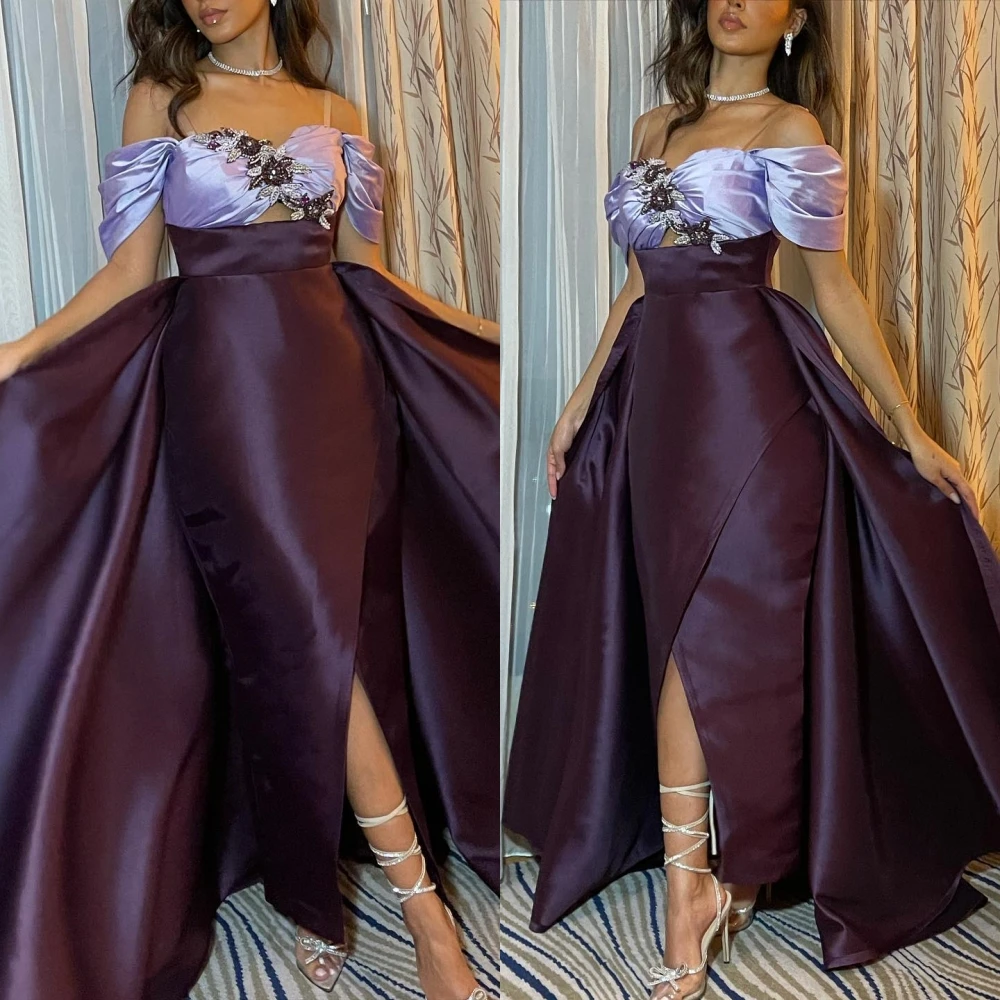 

Exquisite Off-the-shoulder A-line Floor Length Prom Dresses Rhinestone Applique Satin Formal Occasion Gown abiti per occasioni