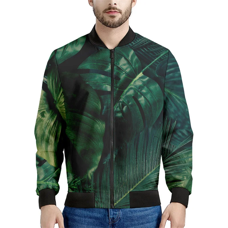 thumbnail image 1 of Chaqueta bomber con estampado de hojas de plátano tropical para hombre, sudadera de manga larga en 3D, chaqueta bomber de calle de gran tamaño con cremallera, 1 of 5