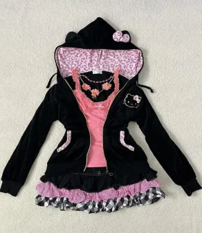 Harajuku rétro rose imprimé léopard rétro fermeture éclair nœud oreille sweat à capuche femme gothique punk décontracté coupe ajustée cardigan veste - AliExpress