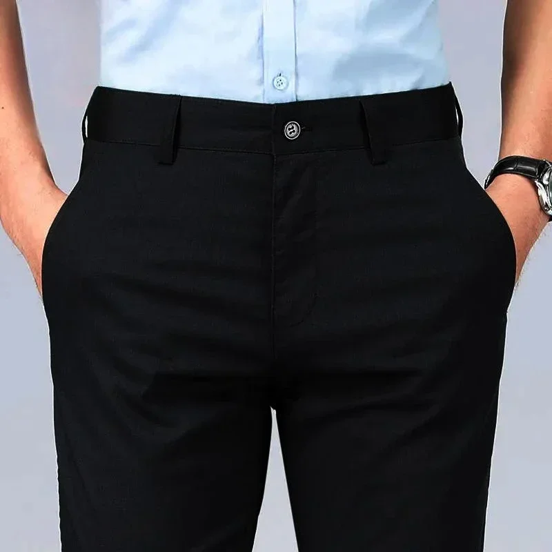 thumbnail image 1 of Pantalones de traje de lino blanco para hombre, pantalones rectos de verano para hombre, ropa de diseñador de tela, licra, nuevos y económicos, pantalones elegantes, formales, 1 of 5