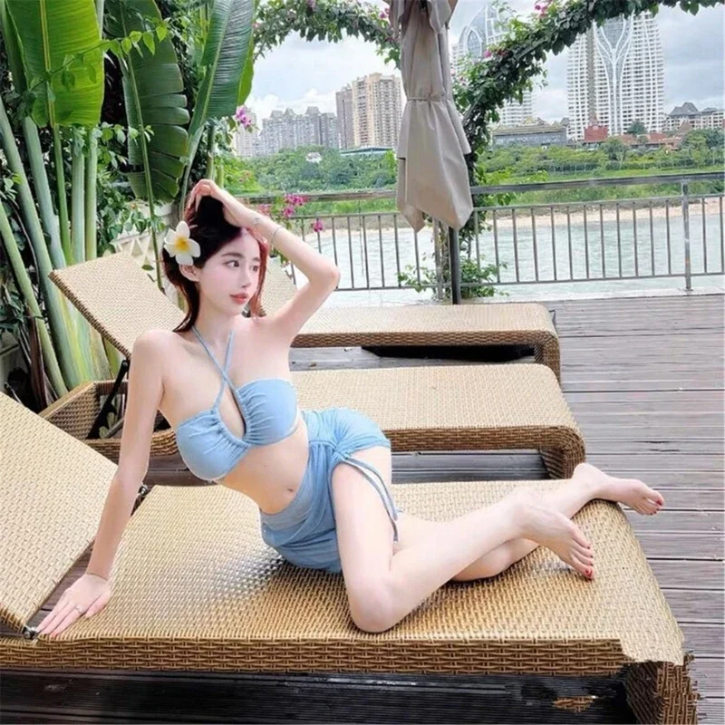 2024 New Bathing Suits for Women Solid Color Swimwear Lady Halter Bikinis Set Summer 3 Pieces Swimsuits with Cover Up