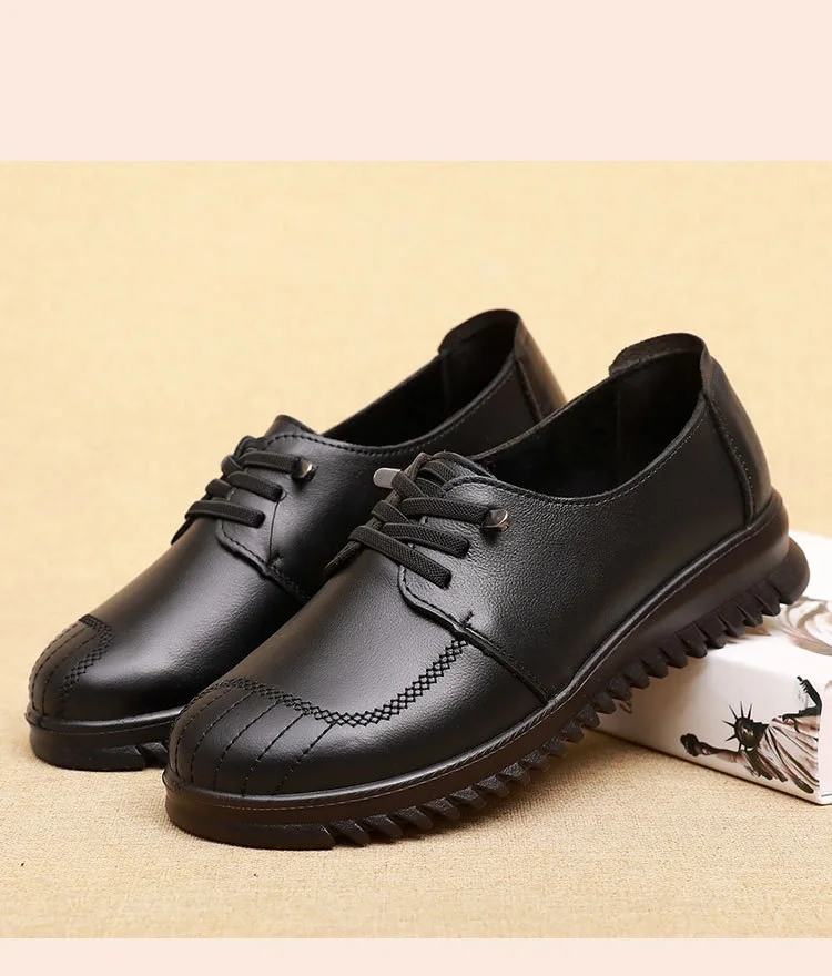 Spring Women's Black Flat Shoes Genuine Leather Loafers Slip On Casual Flats Ballet Shoes Mother Breathable Walking shoes