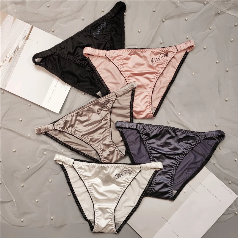 

Women Glossy Underwear Low Waist Solid Color Satin Fabric Briefs Embroidery Fitness Sports Underpants