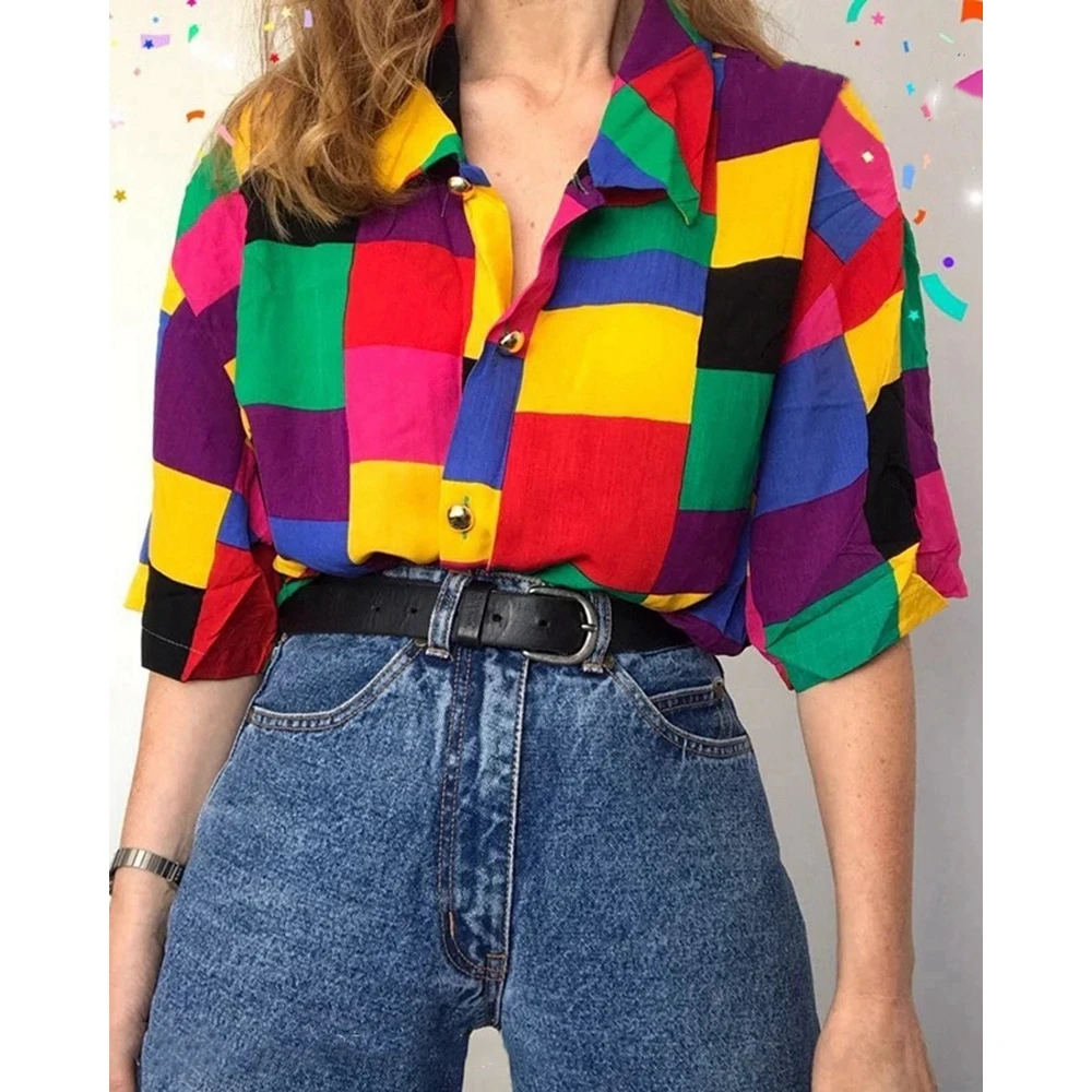

2024 Women Contrast Paneled Plaid Print Buttoned Long Sleeve Blouse Spring New Fashion Office Lady Casual Top Elegant Workwear