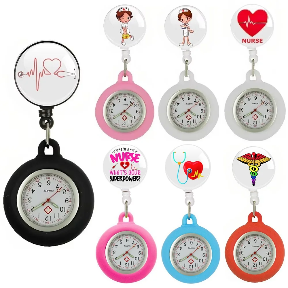 Pocket Watch Hospital Health Care Medical Nurse Doctor Love Heart Beat Stethoscope Retractable Badge Reel Clip Hang FOB Pocket Watches Clock