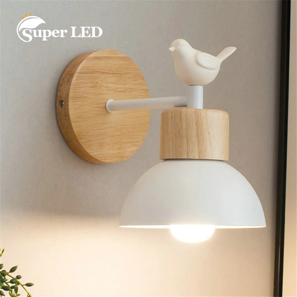 

Wooden Nordic Wall Lamp with Bird Modern Wall Sconce for Bedroom Living Room Home Lighting Black/ White Steering Head E27