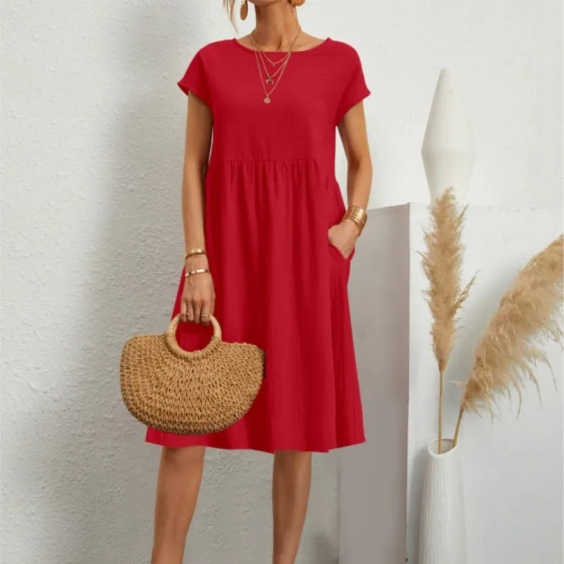 

Women's Dress Summer New O-neck Short Sleeve Pleated Elegant Dress Fashion Solid Color Combination Vintage Long Dress