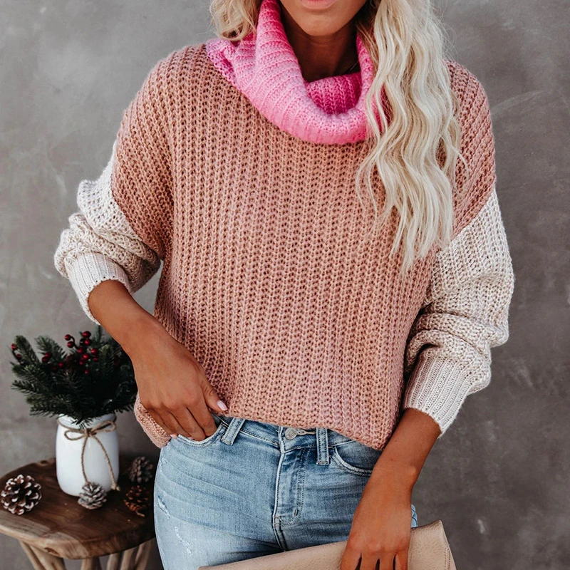 

Women's Multicolor Patchwork Turtleneck Knitted Sweaters, Boho Pullover, Slim Jumper, Vintage Winter Tops, New Fashion, Ins,