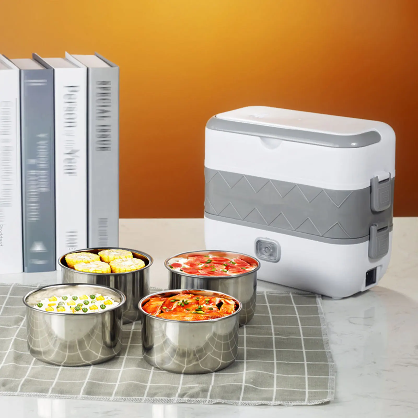 200W 2-tier Electric Lunch Box Large Capacity Food Warmer Efficient Heating Lunch Box Portable Food Heater for Office Car