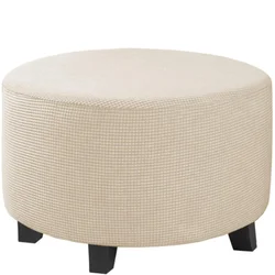 Stretch Jacquard Ottoman Slipcover - Furniture Protector for Round Storage and Folding Stools (Beige)