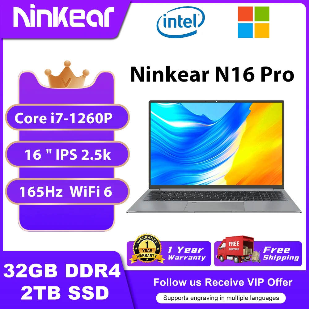 Ninkear N16 Pro Laptop Intel Core i7-1260P WiFi 6 2.5K 165Hz 32GB+2TB ...